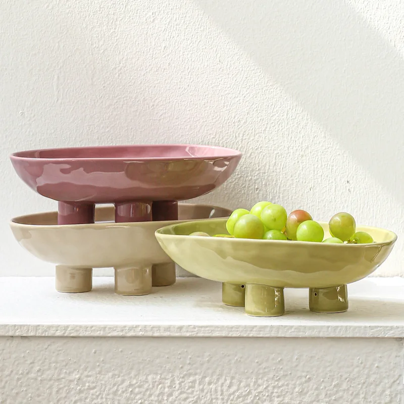 Modern Minimalist Creative Hand Crafted Ceramic Three High Legged Fruit Tray for Home Living Room Tabletop Fruit Candy Tray 5