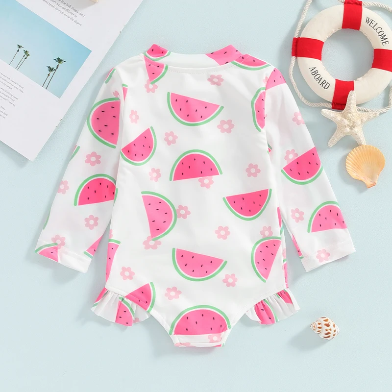 여아용 여름 과일 프린트 플리츠 긴 소매 모노키니 수영복, 귀여운 비치 수영복, 6M-4T