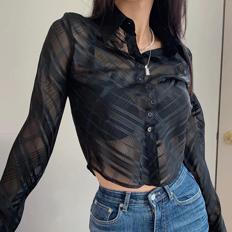 

Sweetown Stripe Plaid Mesh Shirts & Blouses Women Button Up Long Sleeve Crop Tops Korean Street Style Spring Summer Goth Clothes