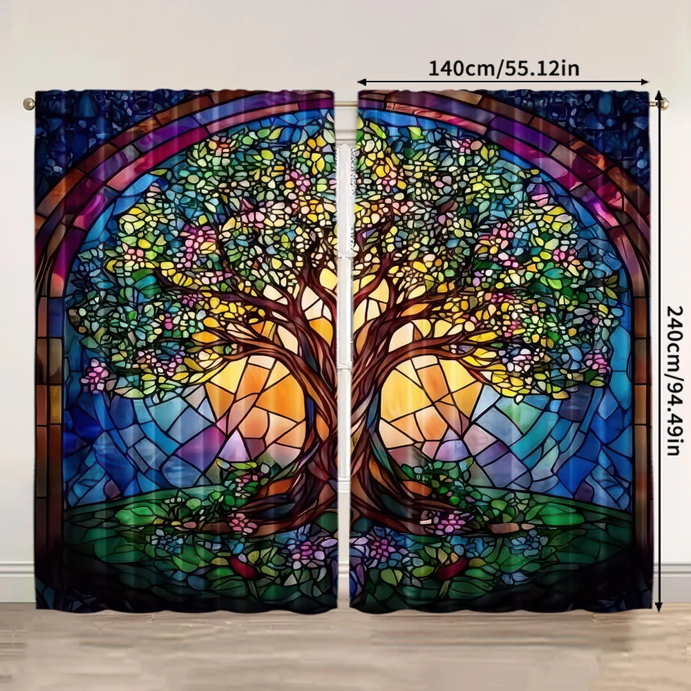 2pcs, spring summer Curtains Stained Glass Tree of Life Yarn Curtains 100% Polyester Room Decor for Room, Kitchen, Study, 3