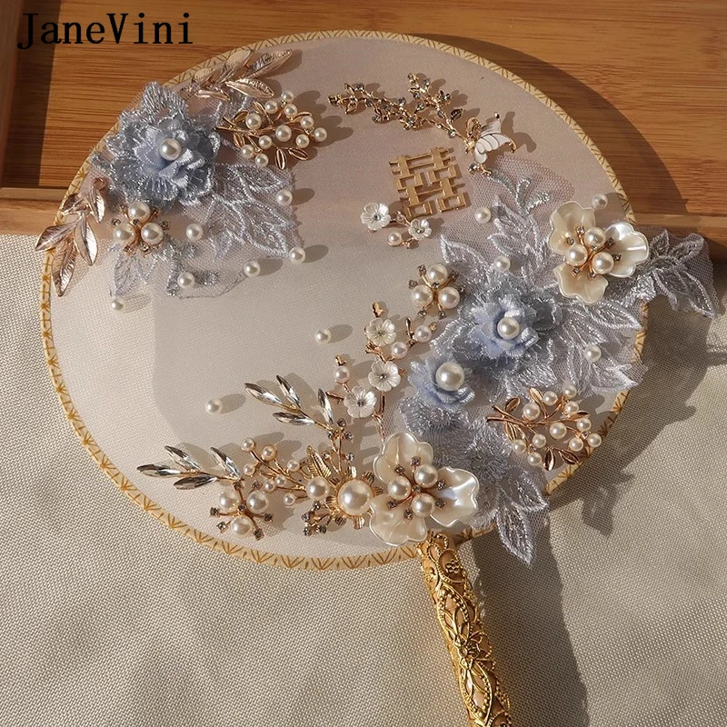 JaneVini Elegant Blue Lace Wedding Flowers Bridal Bouquets Dance Hand Fan Chinese Style Beaded Crystal Pearl Bride Fan Hochzeit