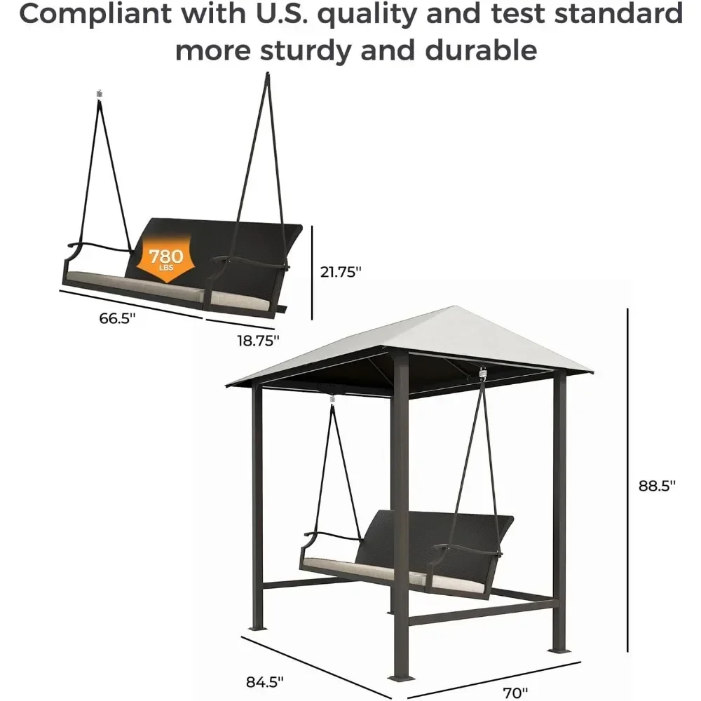 Rattan Swing Chair 3-Seat Patio Swing Chair Outdoor Porch Swing with Canopy Removable Cushion For Patio Garden Poolside