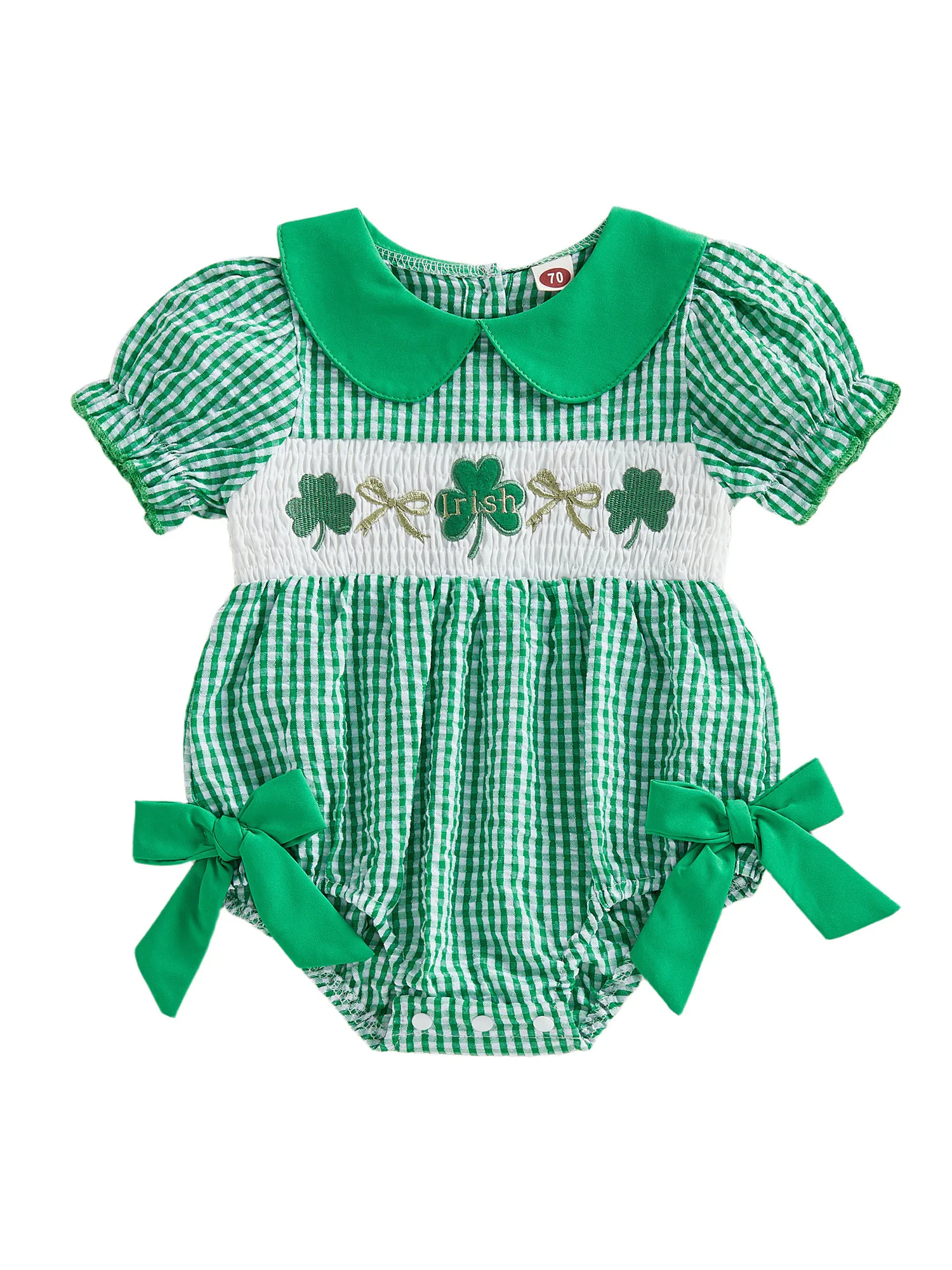 Irish Charm Toddler Girl Green Plaid Romper with Shamrock Embroidery and Doll Collar for St Patrick s Day Celebrations