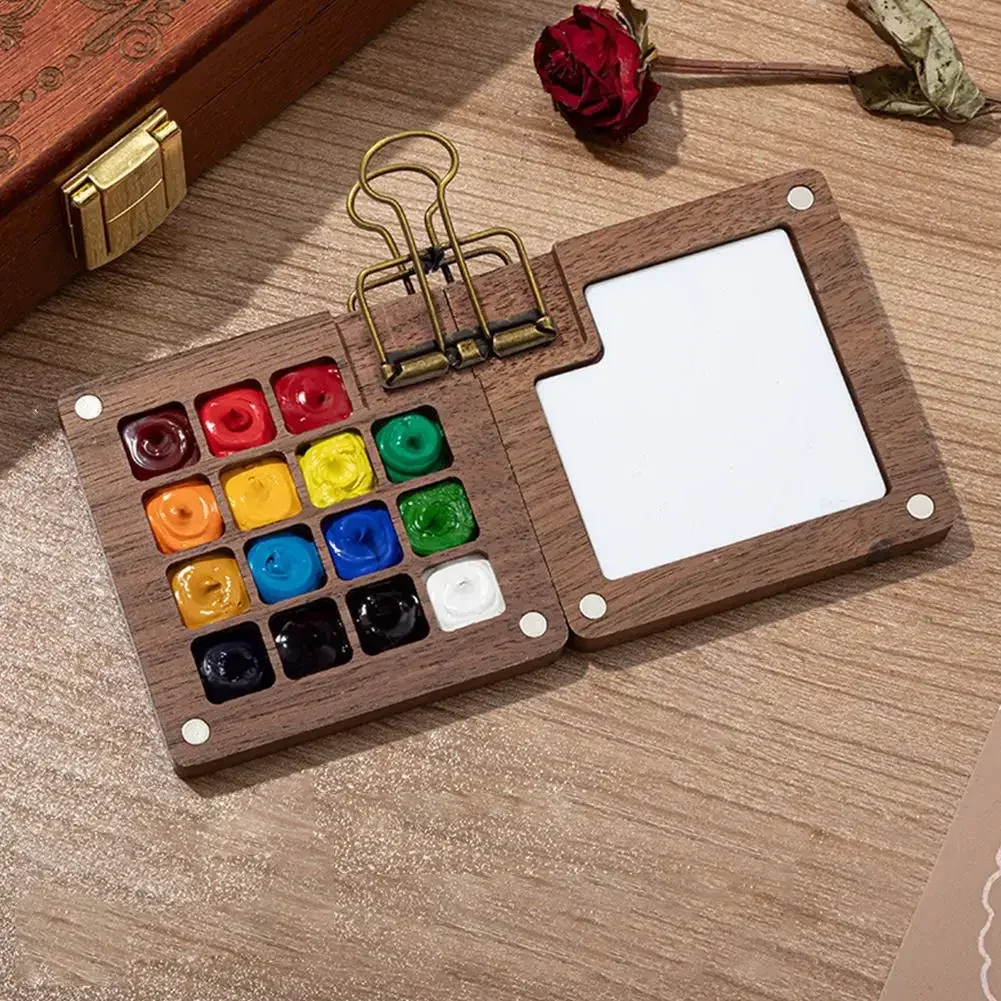 8/15 Grid Tragbare Skizzenbuch Palette Mini Walnuss Holz Farbe Palette Box Reise Aquarell Fall Für Zeichnung (Ohne Farben) – Detail 15