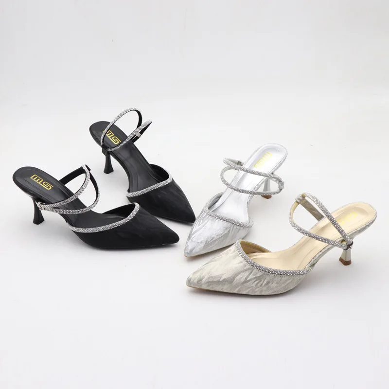 

Шлепанцы женские с блестками, заостренный носок, низкий каблук, бежевые, роскошные сандалии, желе, черные, 2023