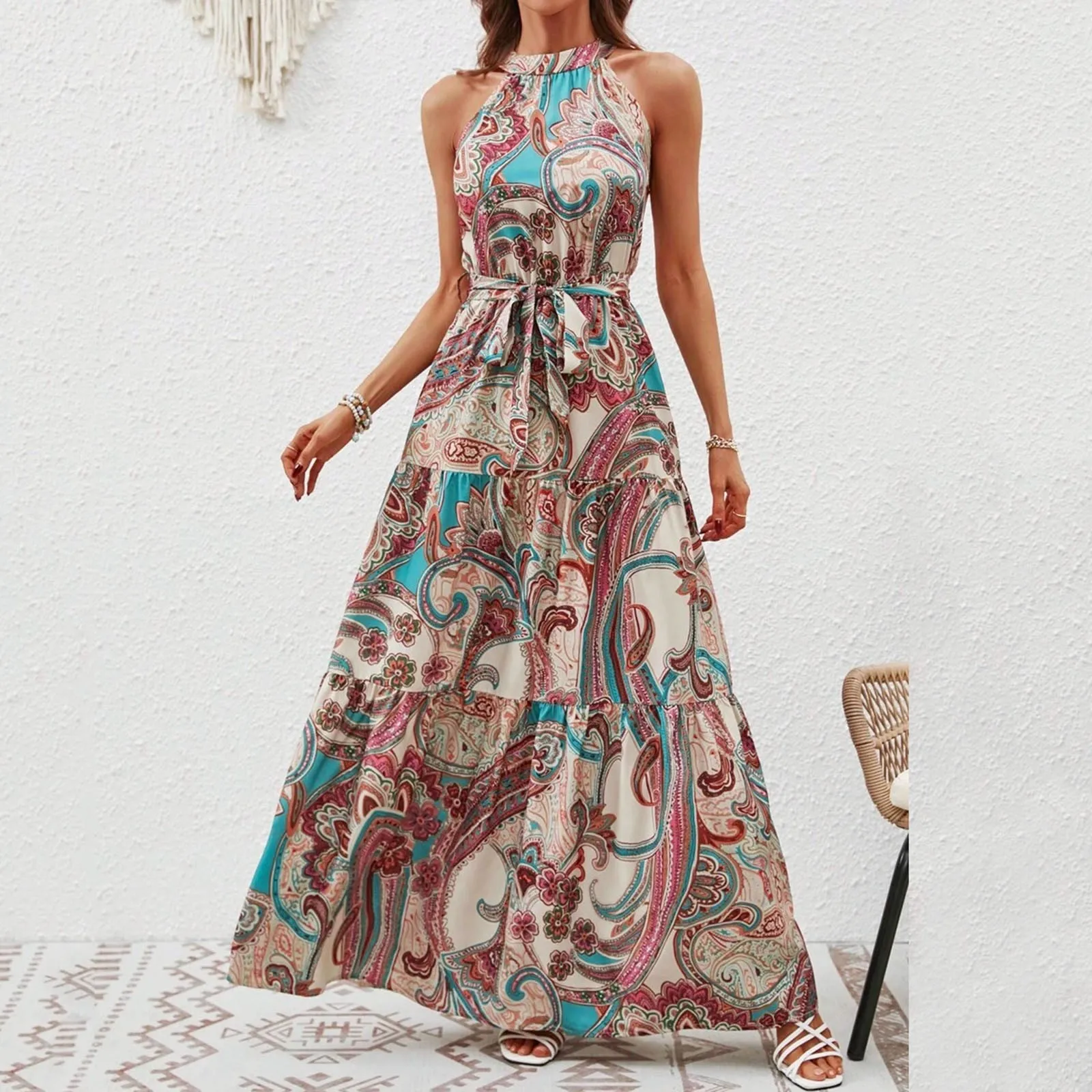 

Summer Fashion Print Slip Sleeveless Waist Swing Dress Sexy Women Sashes Bohemia Dress Lady Long Maxi Vestido Vintage Robe Femme