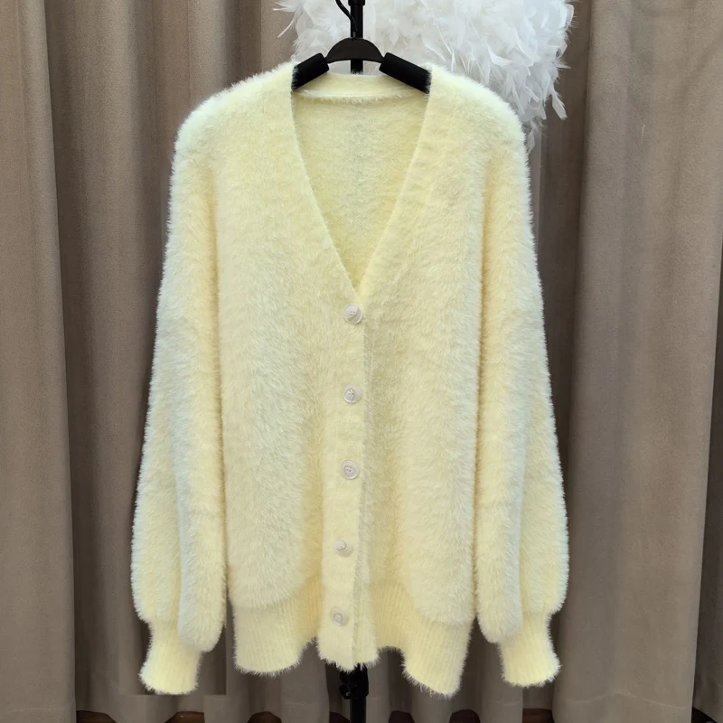 

Autumn Winter New Solid Color Fashion Long Sleeve Sweater Women High Street Casual Loose Button Elegant Thicken Warm Cardigan