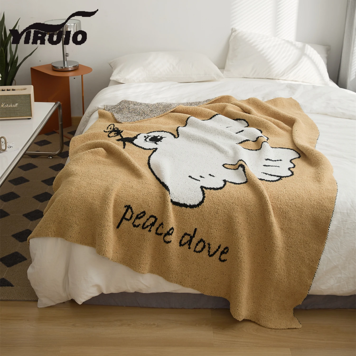 

YIRUIO Cute Cartoon Peace Dove Jacquard Throw Blanket Kawaii Home Decorative Sofa Couch Bed Blankets Fuzzy Cozy Knitted Blankets