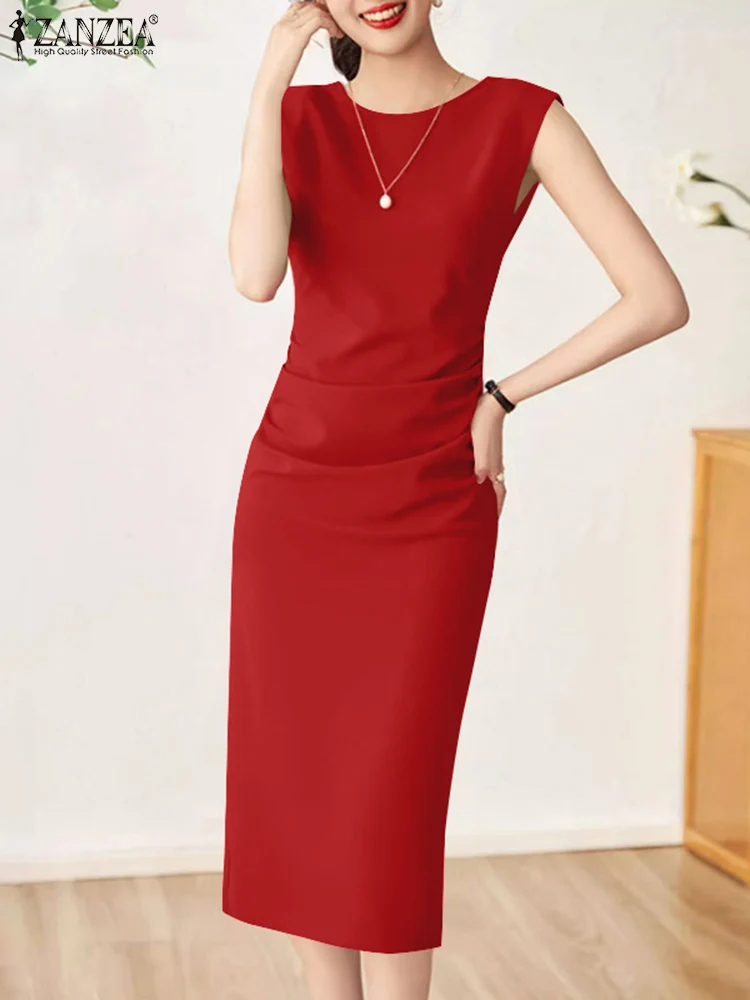 

ZANZEA Women Fashion Slim Fit Dress Summer Solid OL Work Sundress Elegant O Neck Sleeveless Vestidos Robe Stylish Party Dresses