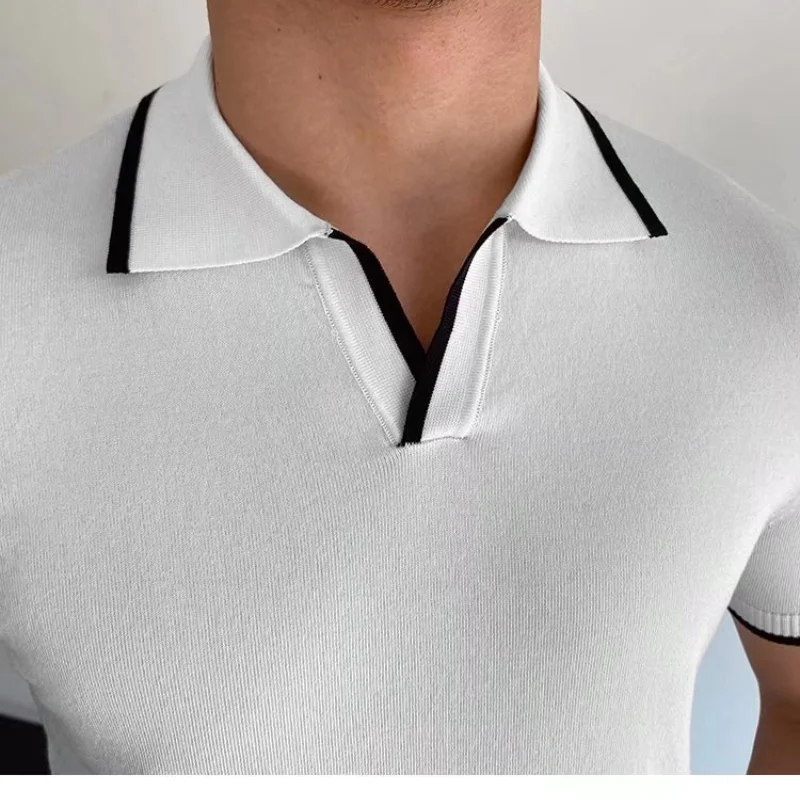 Casual Lapel Polo Shirt Men's Business All-match Slim-fit Micro-elastic T-shirt Summer Breathable Knitted Short-sleeved Shirt