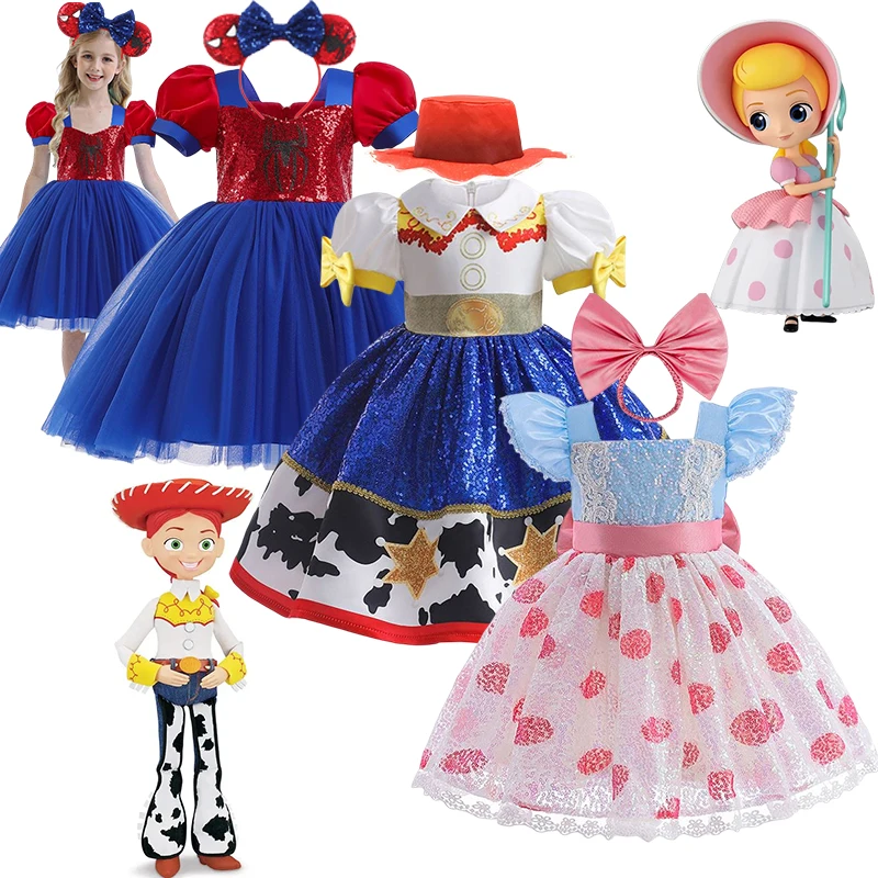 

Disney Girls Cosplay Toy Story 4 Bo Peep Jessie Costume Children Dress Up Spiderman Puff Sleeves Carnival Party Birthday Clothes