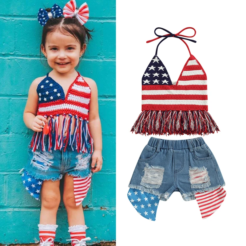 

2023-03-29 Lioraitiin 0-6Years Toddler Baby Girl 2Pcs Independence Day Summer Clothing Set Knitting Vest Top Denim Shorts