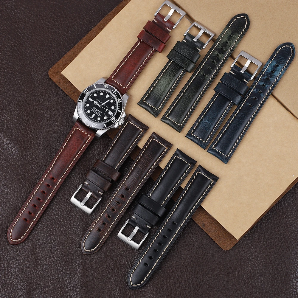 Crazy Horse Genuine Leather Watch Strap 18mm 20mm 22mm 24mm Hand-stitched Watchband for PAM Vintage Strap Accessories