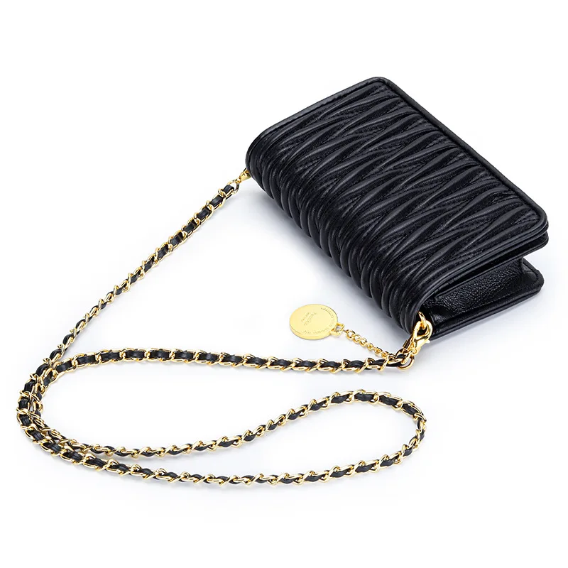 

Sheepskin Pleated Chain Oblique Straddle Bag Women's New Genuine Leather One Shoulder Underarm Phone Mini ins Small Square