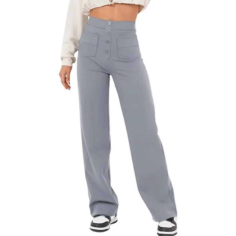 Autumn New Women's High Waist Pocket Wide Leg Button Casual Loose Straight Trousers and Pants