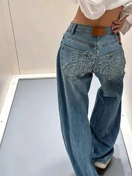 2025 Blue Jeans Women's Y2K Retro Jeans Back Flash Diamond Bent Knife Pants Niche High End Classic Letter Hot Stamping 1