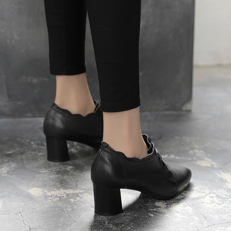 New Soft Leather Single Shoes Women's Genuine Leather Thick Heel Deep Lace up Versatile Small Leather Shoes