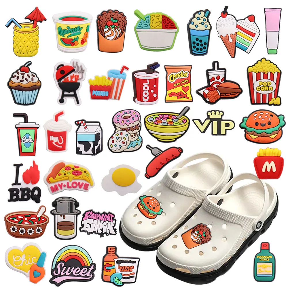 

Mix 50pcs PVC Food Series Croc Charms Sweet Rainbow French Fries Pizza My Love Drinks Eggs Sausages Hole Slipper Decoration
