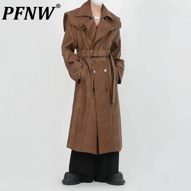 

PFNW Niche Deconstruction Crack Men's Leather Long Jackets Detachable Short Long Shawl Male Trench Coats 2023 Autumn New 28W1817