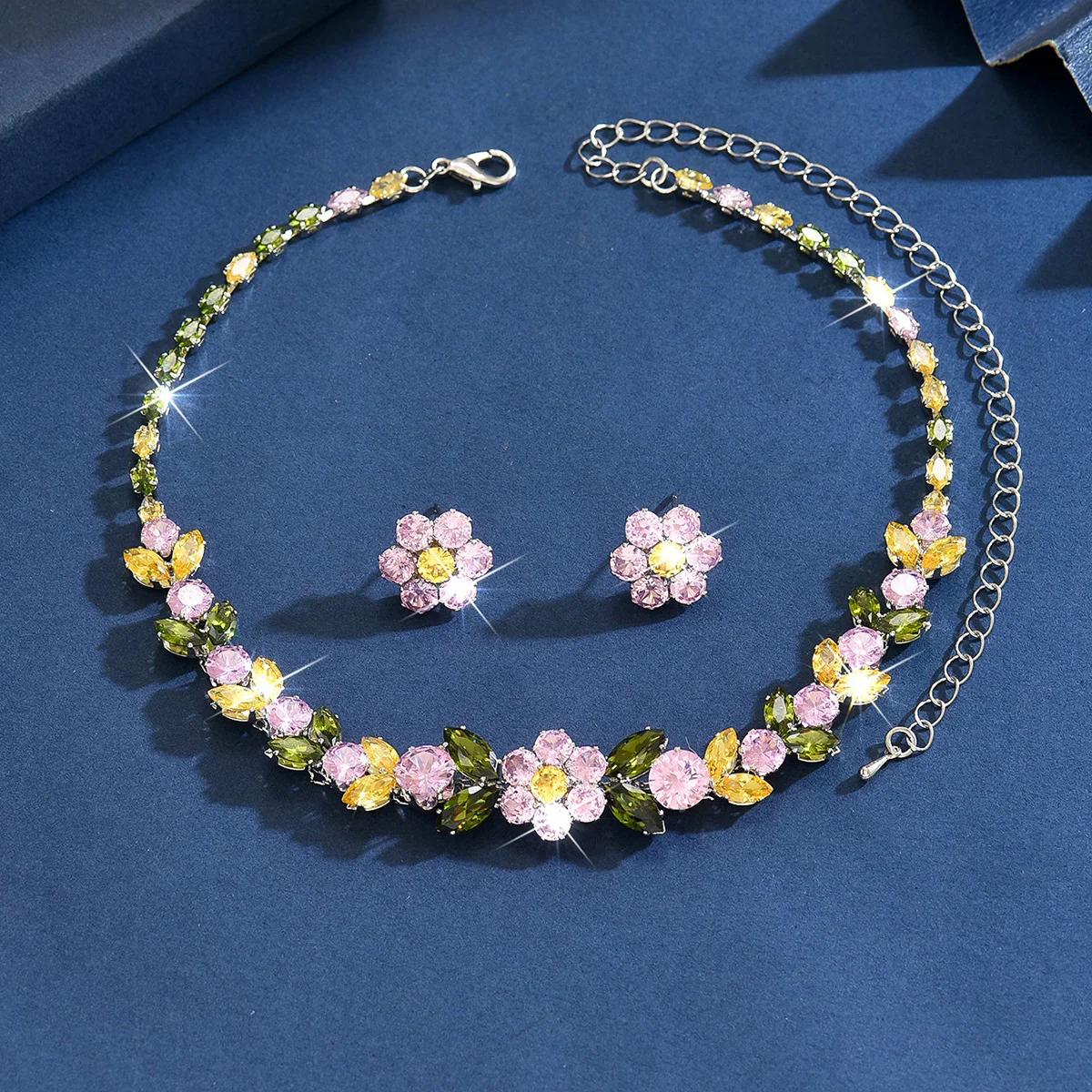 2026 New Floral Earrings and Necklace Set for Women - Trendy Floral Set with Diamond and Zirconia Stones (Instagram Style) - 3