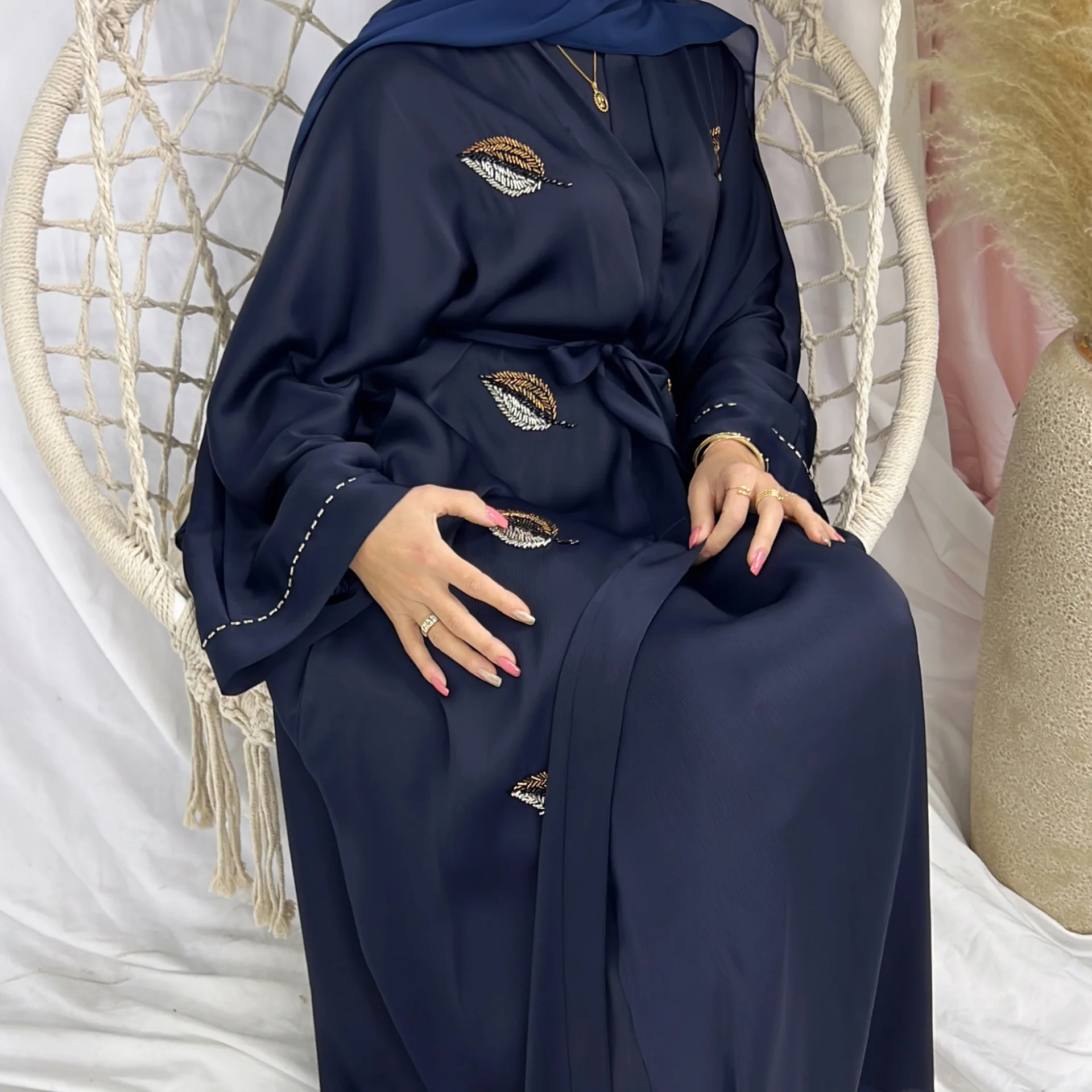 Eid Luxury Dubai Abaya Kimono Handmade Beaded Ramadan Muslim Open Abayas Women Islamic Clothing Long Dress Party Outfit Kaftan