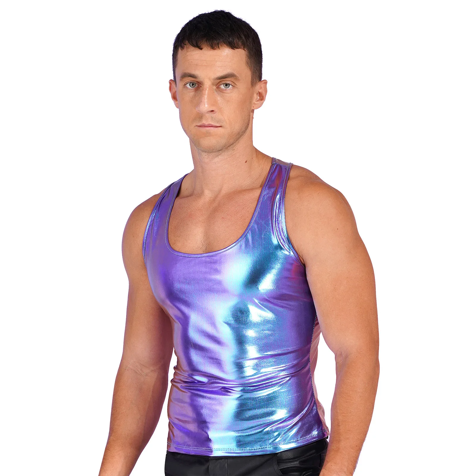 Shiny Metallic Mens 민소매 조끼 탱크 탑 파티 Clubwear 언더 셔츠 섹시한 남성 레이서 백 슬림 피트 캐미솔 스무스 탱크 탑