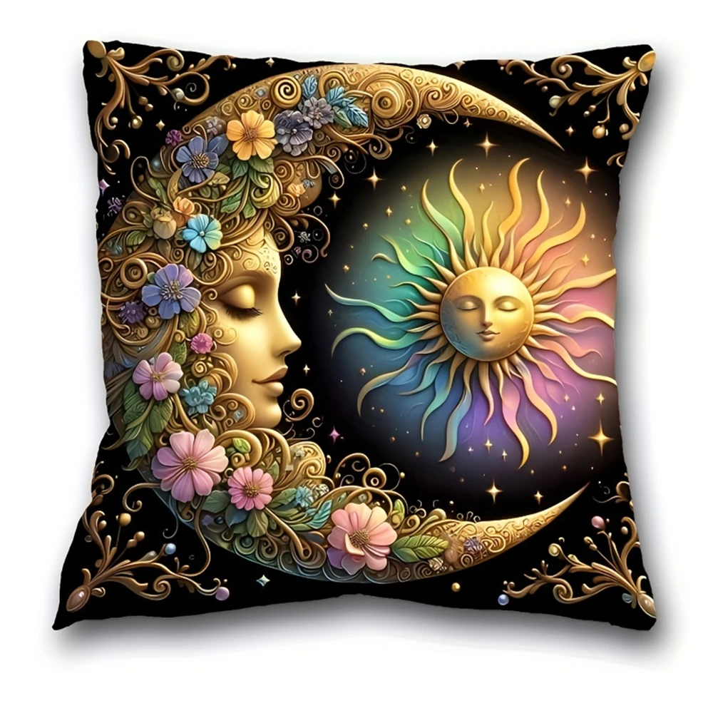 A Bohemian style pillowcase inspired by the celestial sun and moon, made of short velvet fabric, measuring 17.7x17.7 inches, wit 2