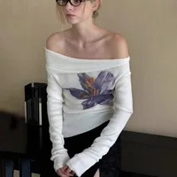 Talenza One Shoulder Printed Top Women's Summer Knit Backless Pleated Casual Pullover White Slim Office Lady Sexy Female T-Shirt 1