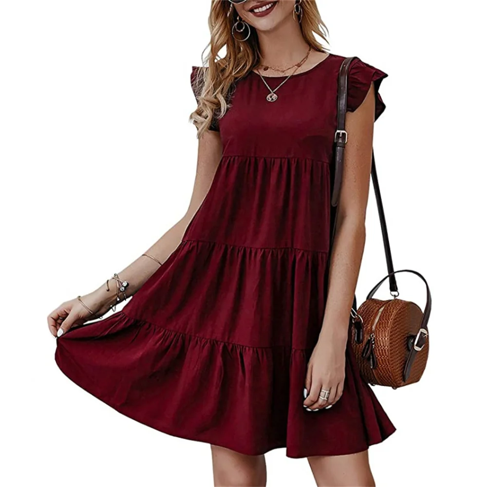 

2022 Elegant Women Summer Solid Color A-Line Dress Fold Design Rufles Decor O-Neck Ruffles Short Sleeve Casual Loose Mini Dress