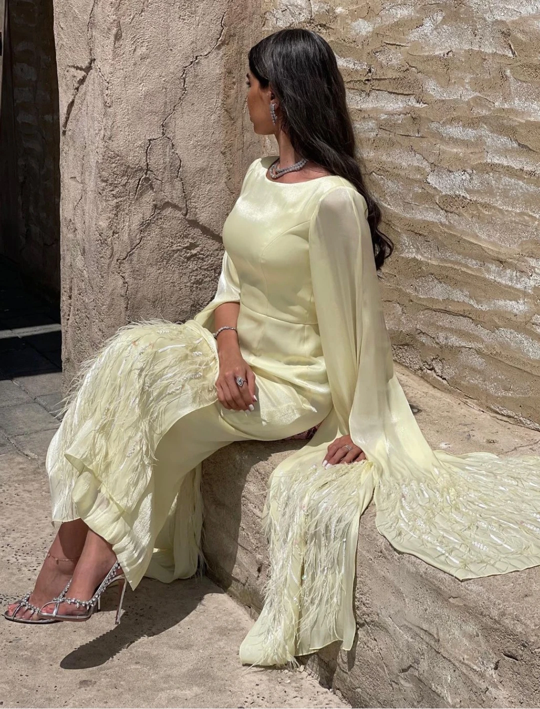 

AsaNagi Yellow Shiny Satin Prom Dresses Feathers O Neck Ankle-Length Women Vintage Formal Party Dress 2023 فستان سهرة نسائي