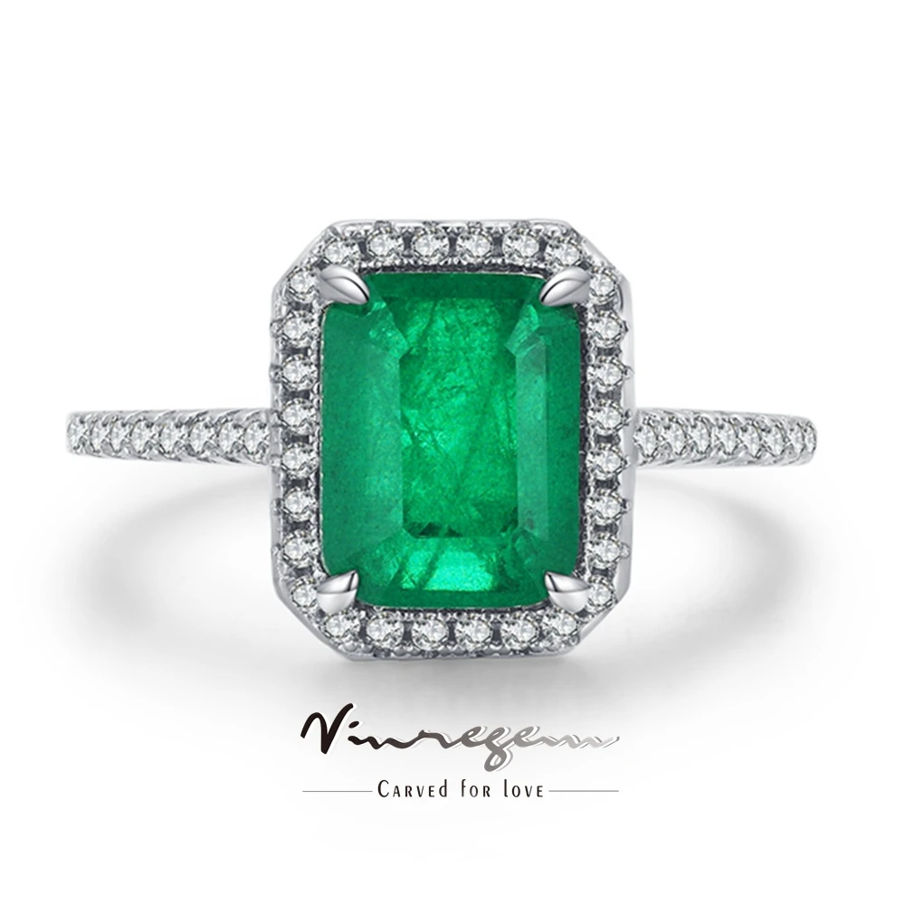 Vinregem 7*9 MM Emerald High Carbon Diamond Gemstone Vintage Ring for Women 100% 925 Sterling Silver Wedding Party Fine Jewelry