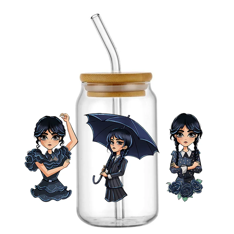 Trending Coffee Design Transfer Sticker DIY UV DTF Wraps Waterproof Transfer Cups Label Wednesday Girl