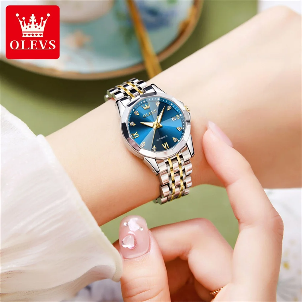 OLEVS 9982 Woman Automatic Watch Rhombus Mirror Mechanical Watch For Women Steel Strap Luxury Waterproof Date Ladies Wristwatch