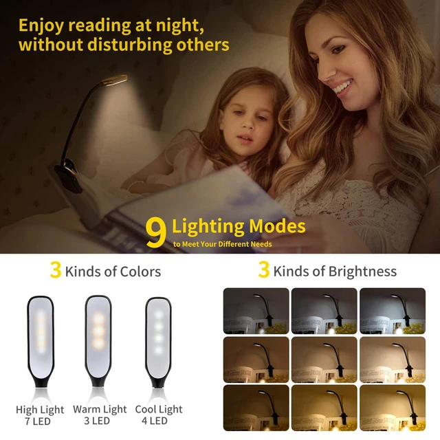 7 LED Book Light USB Rechargeable Reading Light 3-Level Warm Cool White Daylight Portable Flexible Easy Clip Night Reading Lamp 2