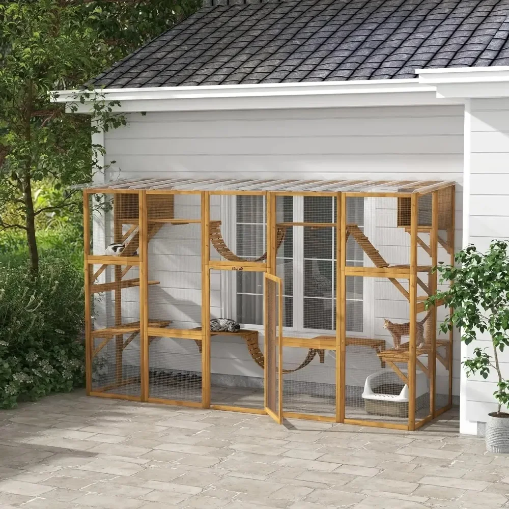 Catio Playground Cat Window Box Outside Enclosure Outdoor Cat House with Weather Protection Roof for Wooden Frame