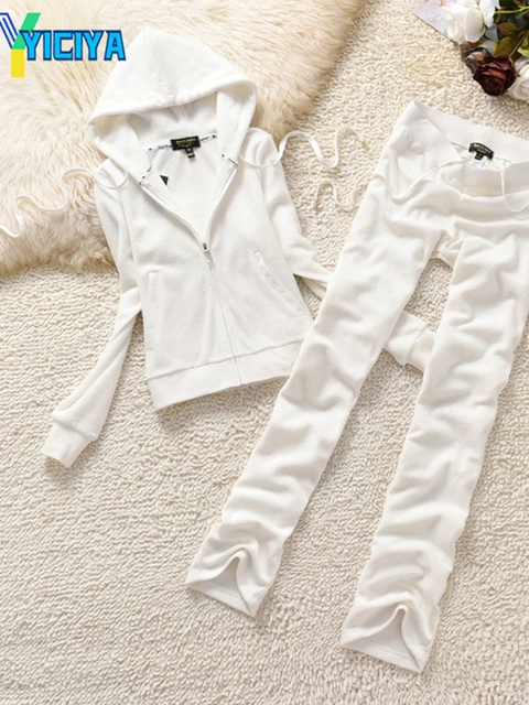 YICIYA TRACKSUIT hoodies Velvet Zipper Sweatshirt And Pants Winter women velour Pant Suit Hoodies Zipper Rhinestone velour suits WHITE SET