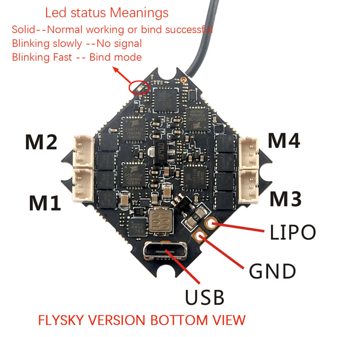 JMT T100 DIY FPV Racing Drone, Led status Meanings Solid- Normal working or bind successf /