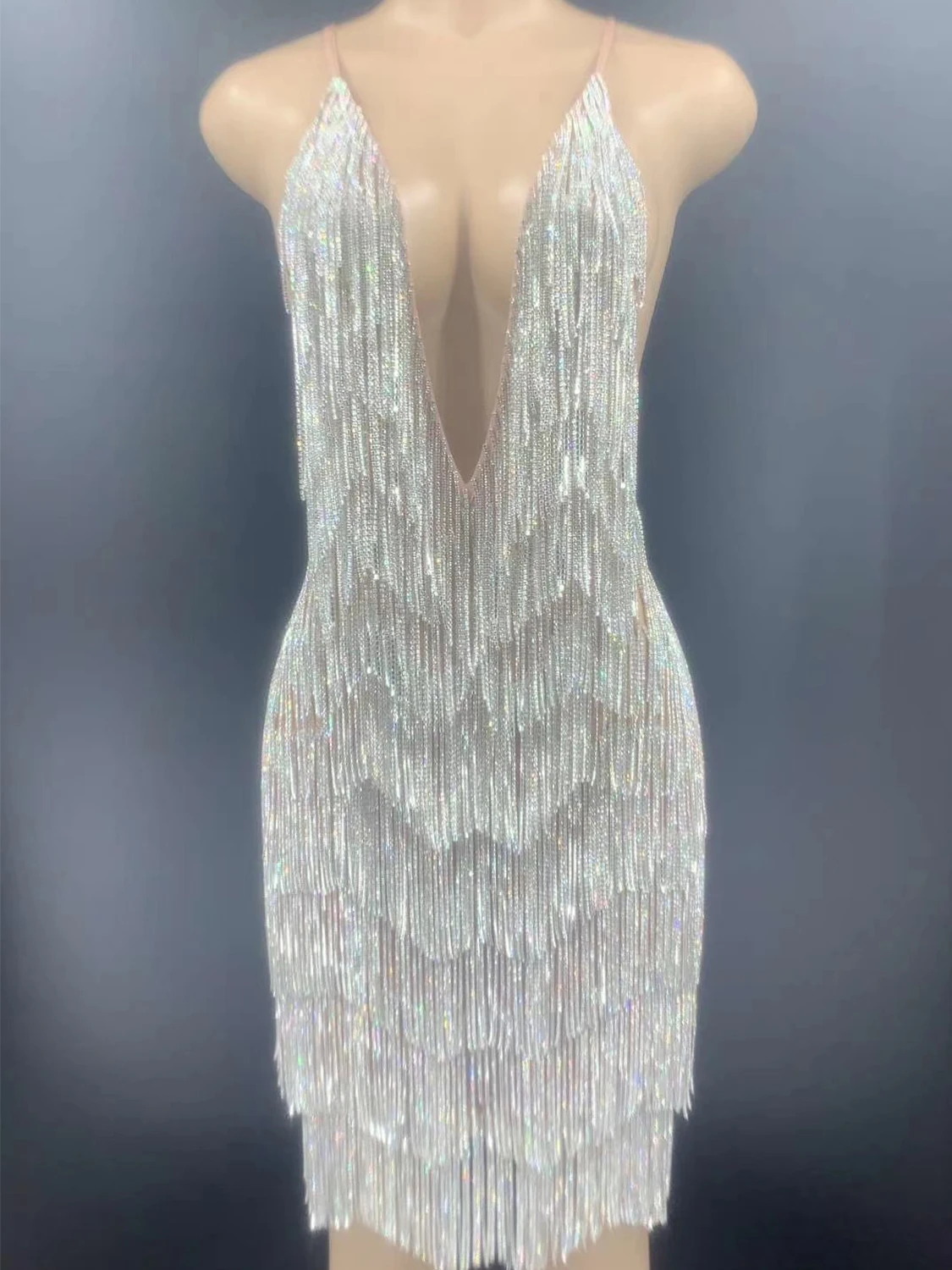 

Deep V-Neck Spaghetti Strap Backless Shining Tassel Sexy Dress For Women Ballroom Jazz Latin Clothing Stage Singer Costume
