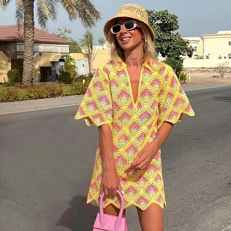 

Women Party Mini Dress Boho Hollow Out Summer 2023 Beach Dresses Short Sleeve V Neck Knitted Crochet