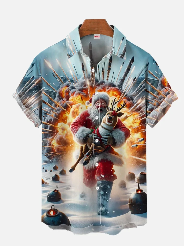 Christmas men's short sleeve lapel shirt 3d print bomb santa claus run away print casual comfortable shirt new year gift