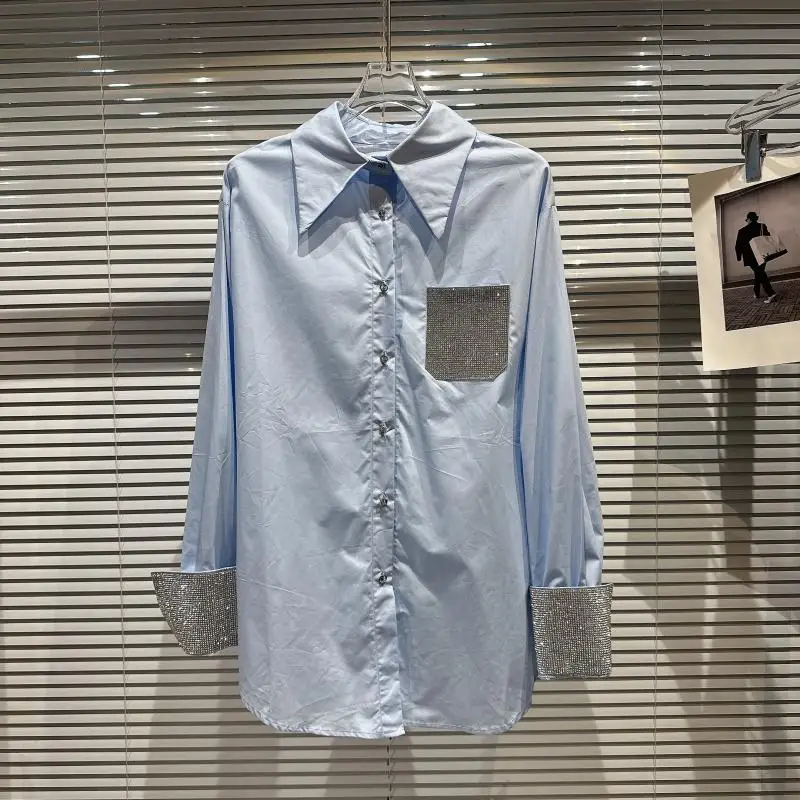 

High Quality Streetwear Leisure Rhinestone Pocket Solid Shirt Women Long Sleeve Loose Blouse 2023 Spring New Blusas Top