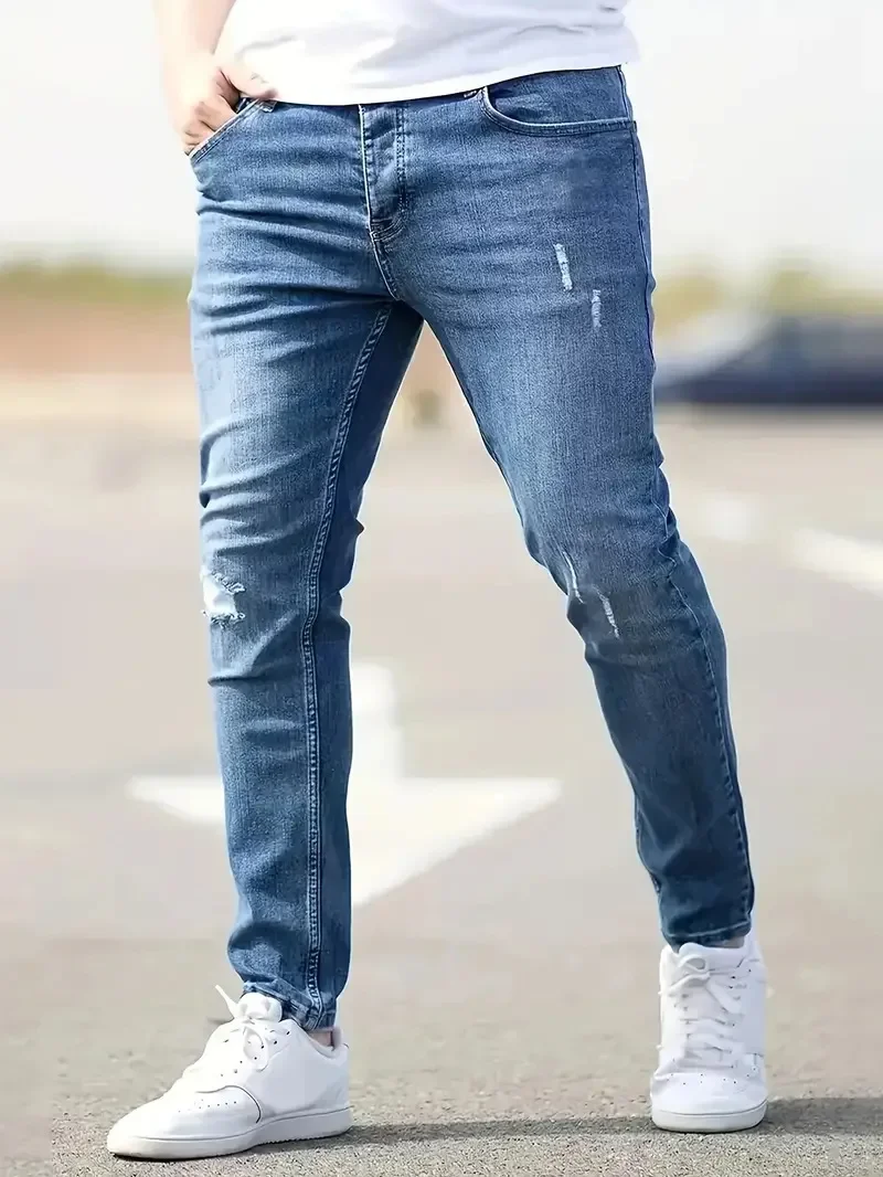 Men's Jeans Stretch Slim Fit Trousers Streetwear Classical Casual Pants Skinny Zipper Denim Designer Clothes Black Blue 2