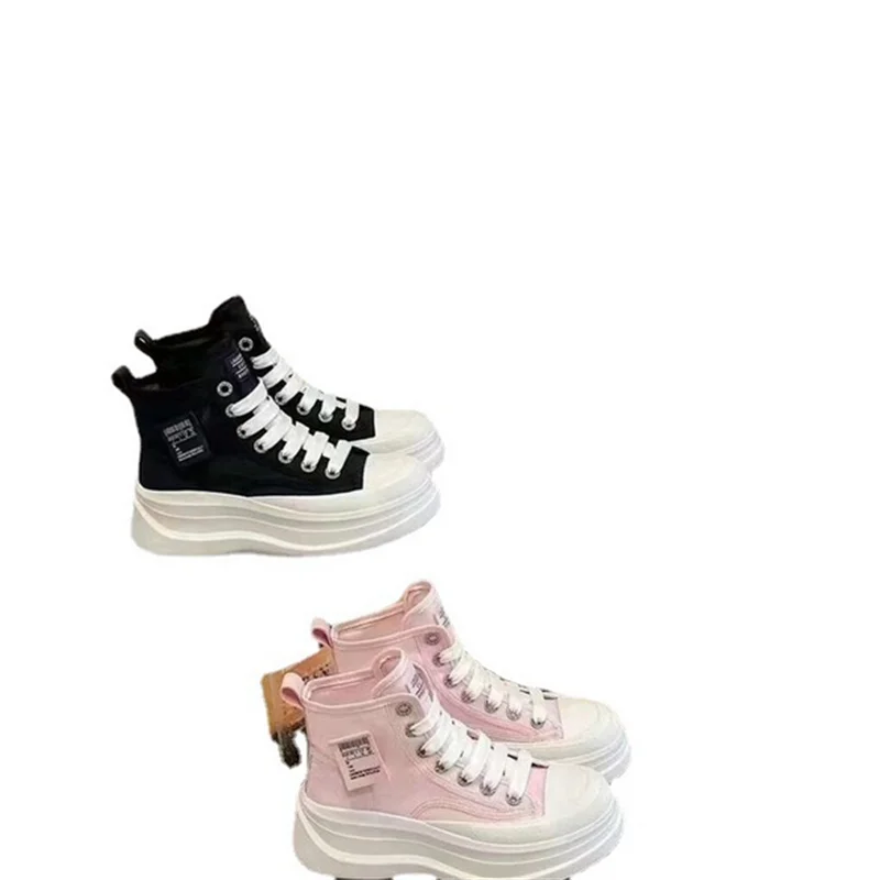 2023 New Men and Women Couple Vulcanized Shoes High Quality Thick Sole Canvas Sneakers Casual Round Toe Lace-Up Flats