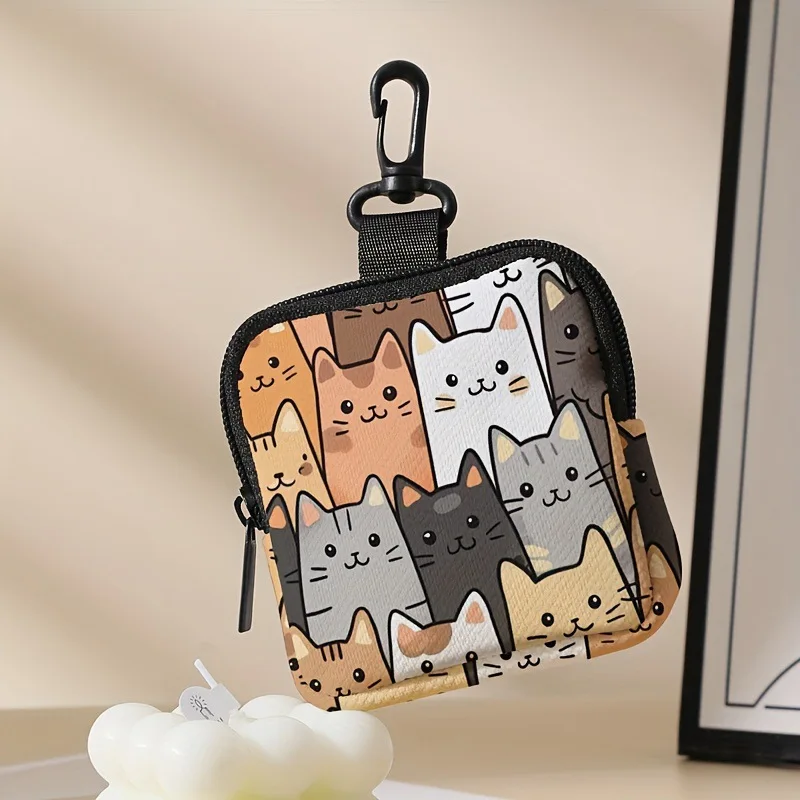 Cartoon Cat Printed Faux Leather Coin Purse Zipper Storage Bag Multi-functional Earphone Pouch