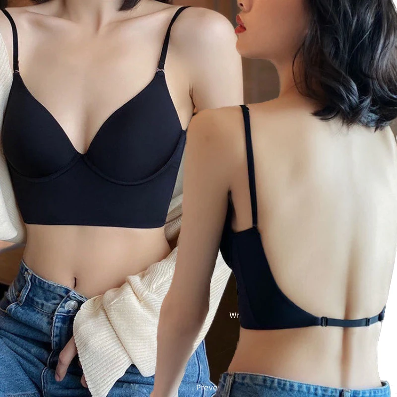 

Sexy Low Back Deep V Bra French Sling Bras Women Vest High Elastic Suspenders Underwire Bras Backless Crop Top Push Up Bra