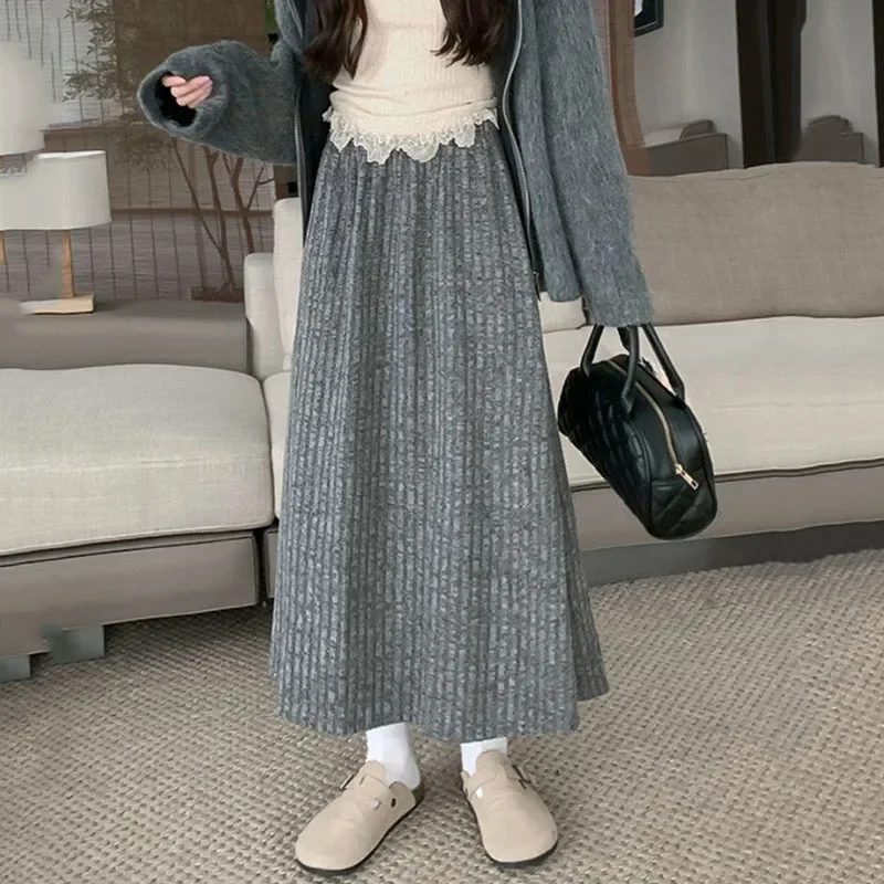 Smvp 2024 Autumn Winter New Thicken Plush A-line Skirts Wowen Solid Casual High Waisted Long Skirt Ladies Lazy Style Midi Skirts 3