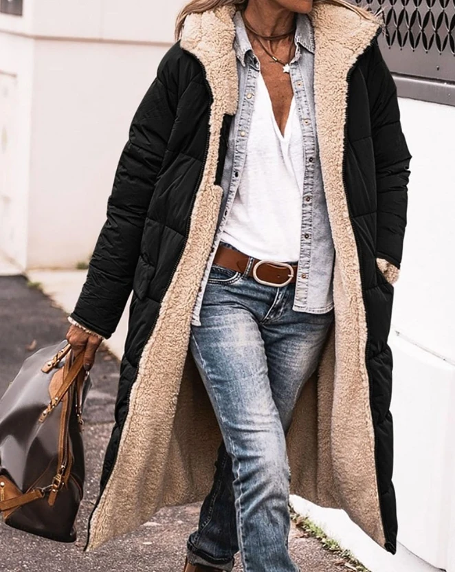 Elegant Coat for Women Winter Fashion Pocket Design Versatile Longline Thermal Puffer Coat Casual Streetwear Long Oversize Coats women s coat winter elegant beige woolen coat for women autumn black long coats vintage minimalist overcoat oversize outwear