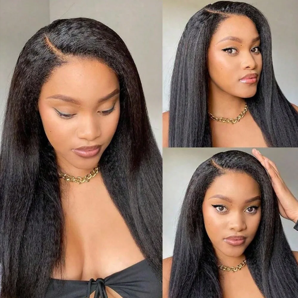 Kinky Straight Lace Front Wigs Human Hair 13x4 HD Transparent Lace Front Wig Human Hair Yaki Straight Wigs with Curly Baby Hair