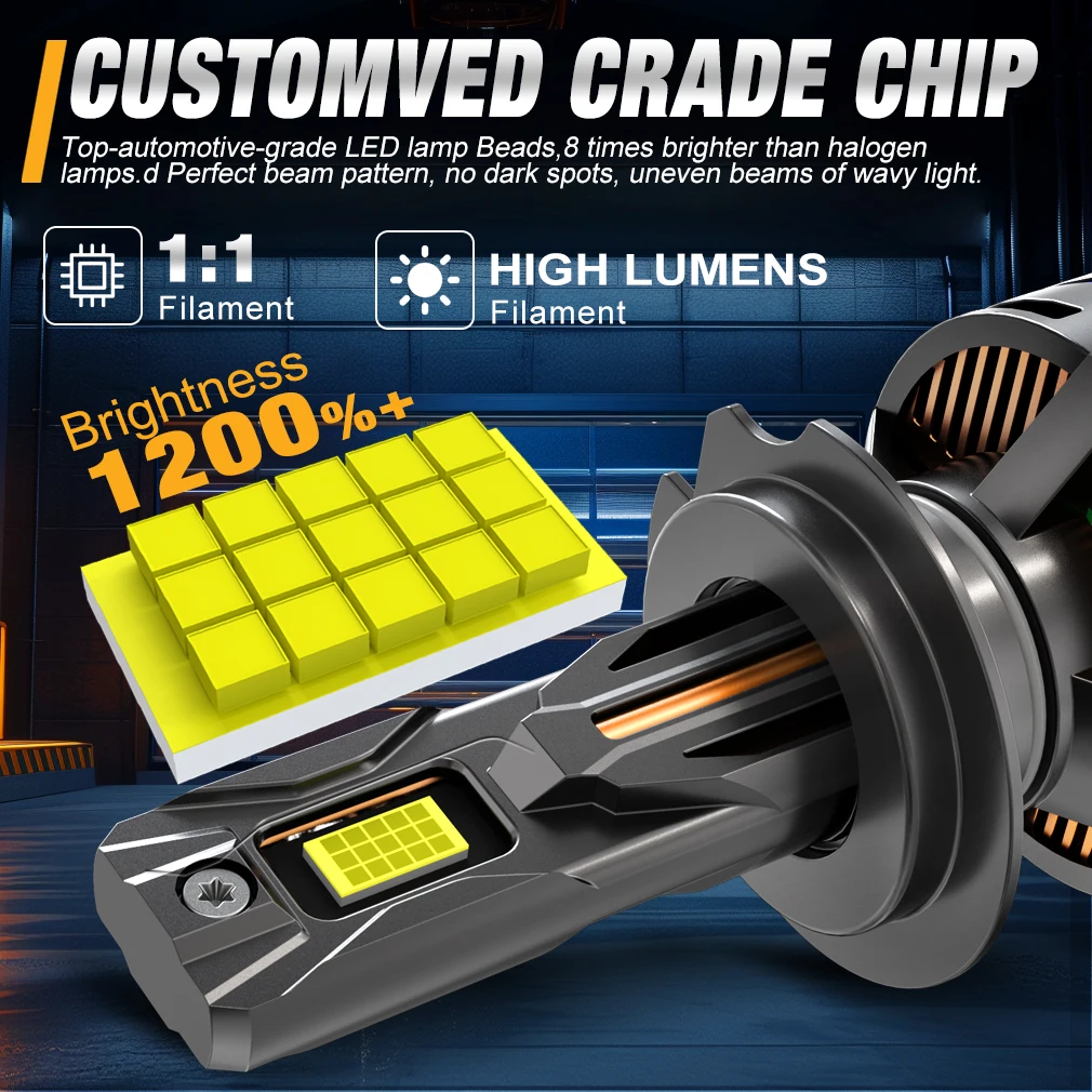 S&D H4 H7 캔버스 LED 헤드라이트 전구 H11 200W 40000LM 자동차 헤드램프 9005 9006 9012 6000K 안개등 (4개의 구리 튜브 터보 팬 포함)