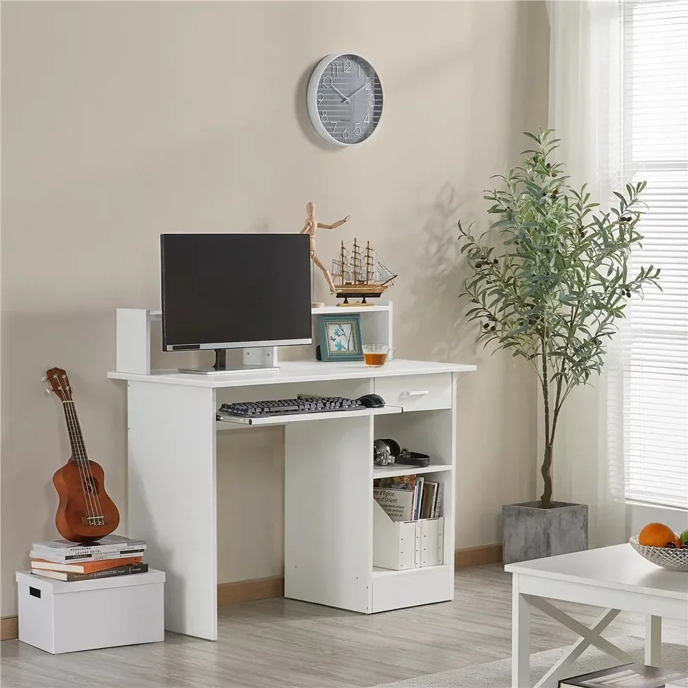 

Computer Desks,Wooden Home Office Computer Desk with Drawers and Keyboard Tray, White,Computer Desks